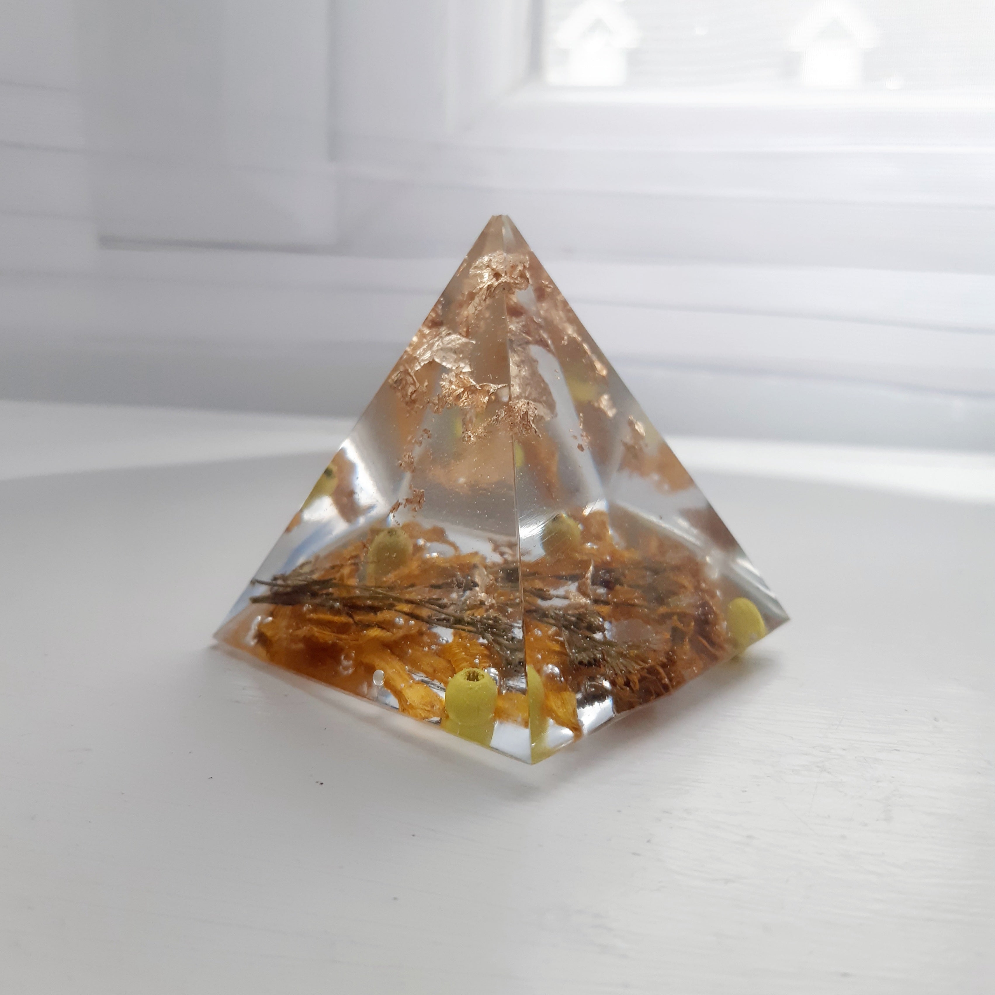 Yellow & Gold Resin Pyramid - Handmade Egyptian-Inspired Home Décor